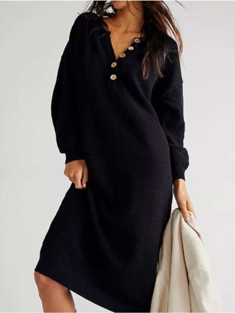 Free People Beach Hailee Sweater Midi Dress Black Waffle Cotton Knit Button-up